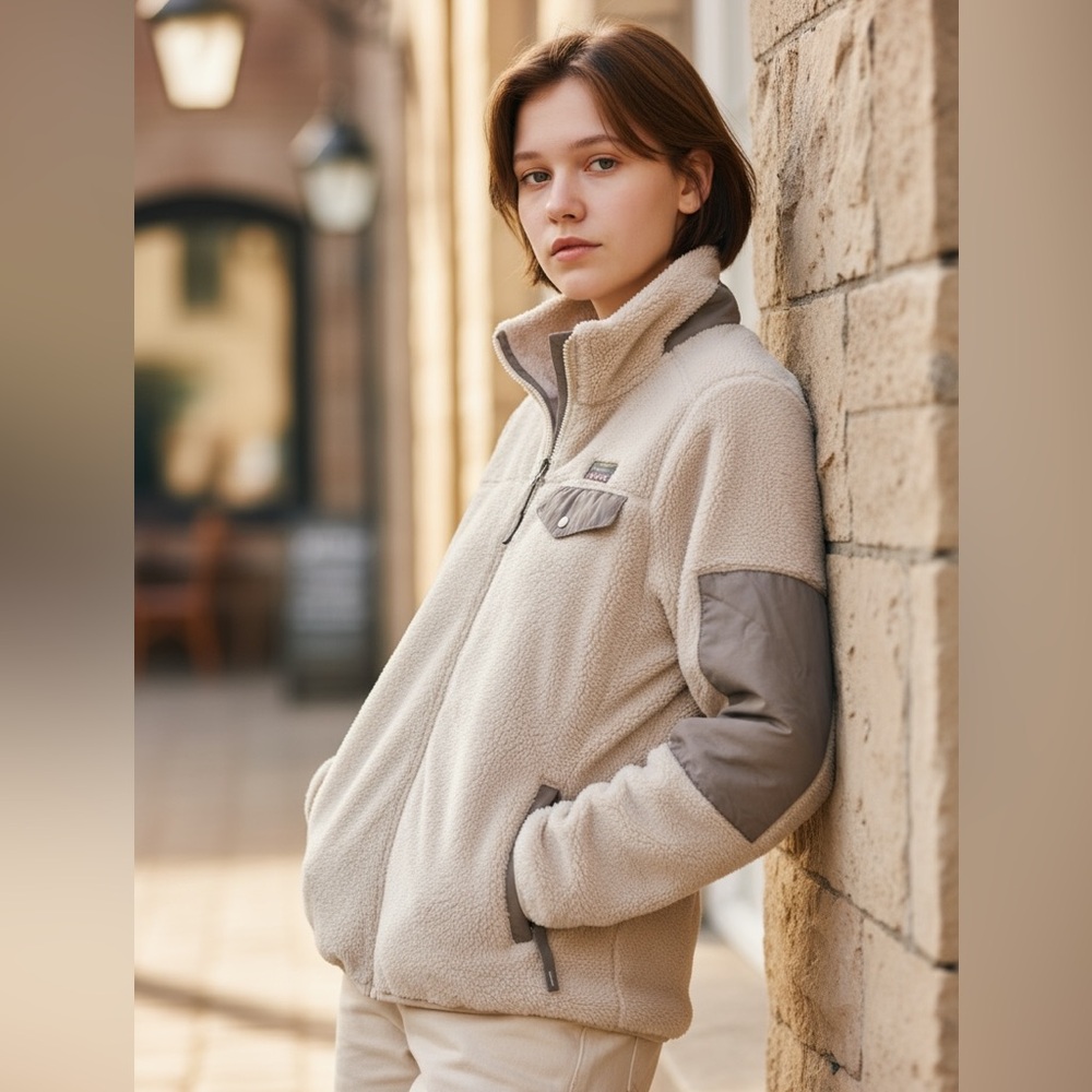 L.L. Bean Cream Fleece with Gray Pocket